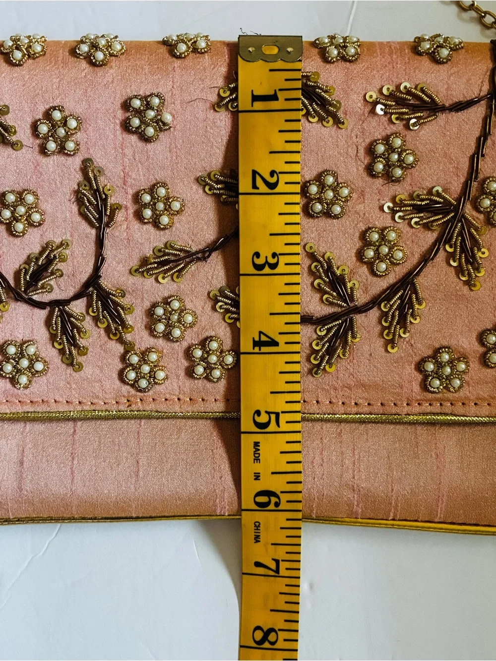Embroidered Floral Satin Crossbody Clutch - Peach